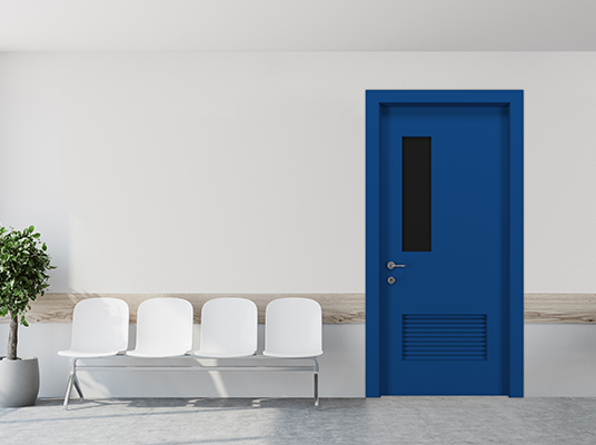 White hospital corridor with doors and white chairs for patients waiting for the doctor visit. A poster. 3d rendering mock up
