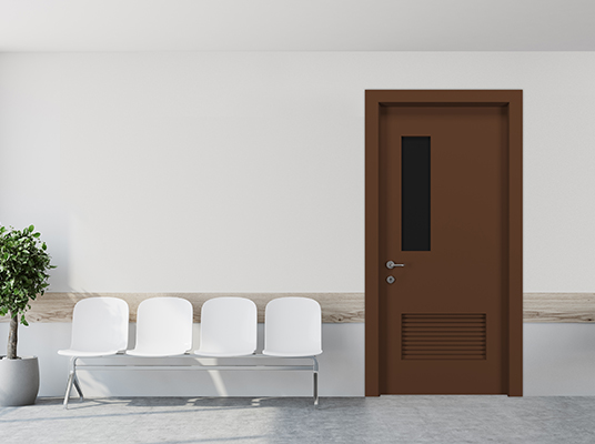 White hospital corridor with doors and white chairs for patients waiting for the doctor visit. A poster. 3d rendering mock up