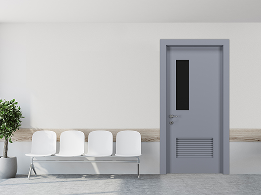 White hospital corridor with doors and white chairs for patients waiting for the doctor visit. A poster. 3d rendering mock up