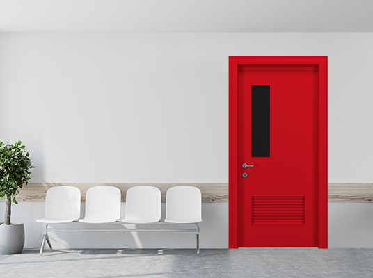 White hospital corridor with doors and white chairs for patients waiting for the doctor visit. A poster. 3d rendering mock up