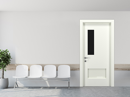 White hospital corridor with doors and white chairs for patients waiting for the doctor visit. A poster. 3d rendering mock up