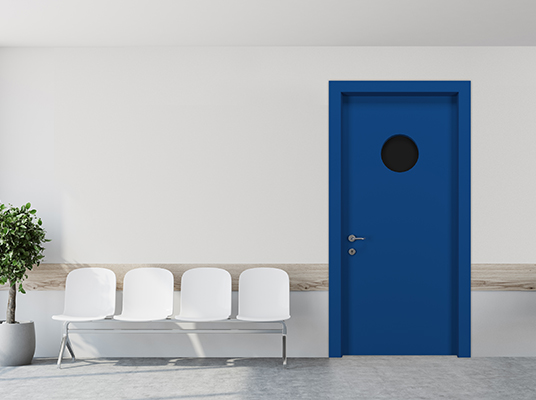 White hospital corridor with doors and white chairs for patients waiting for the doctor visit. A poster. 3d rendering mock up