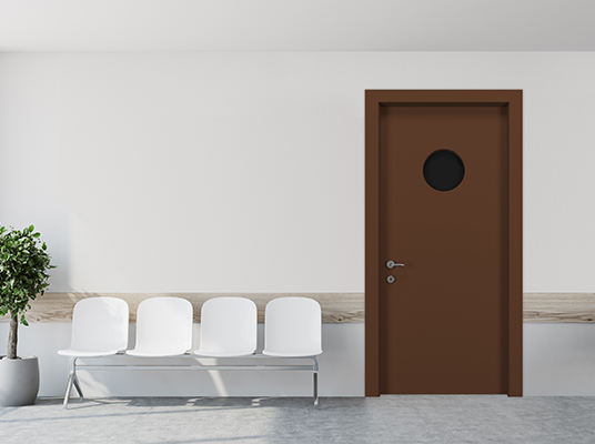 White hospital corridor with doors and white chairs for patients waiting for the doctor visit. A poster. 3d rendering mock up
