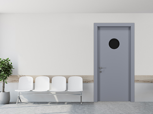 White hospital corridor with doors and white chairs for patients waiting for the doctor visit. A poster. 3d rendering mock up