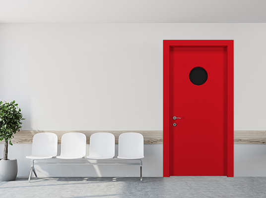 White hospital corridor with doors and white chairs for patients waiting for the doctor visit. A poster. 3d rendering mock up