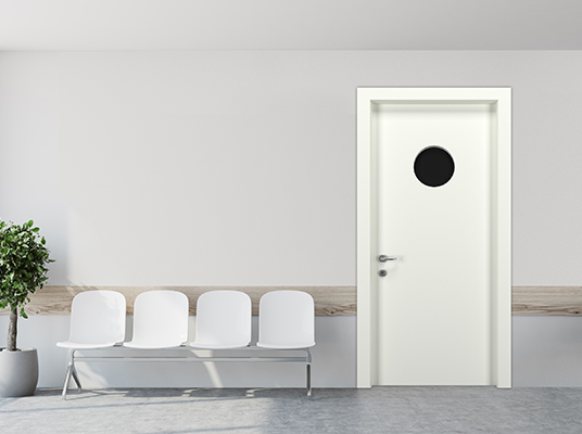 White hospital corridor with doors and white chairs for patients waiting for the doctor visit. A poster. 3d rendering mock up